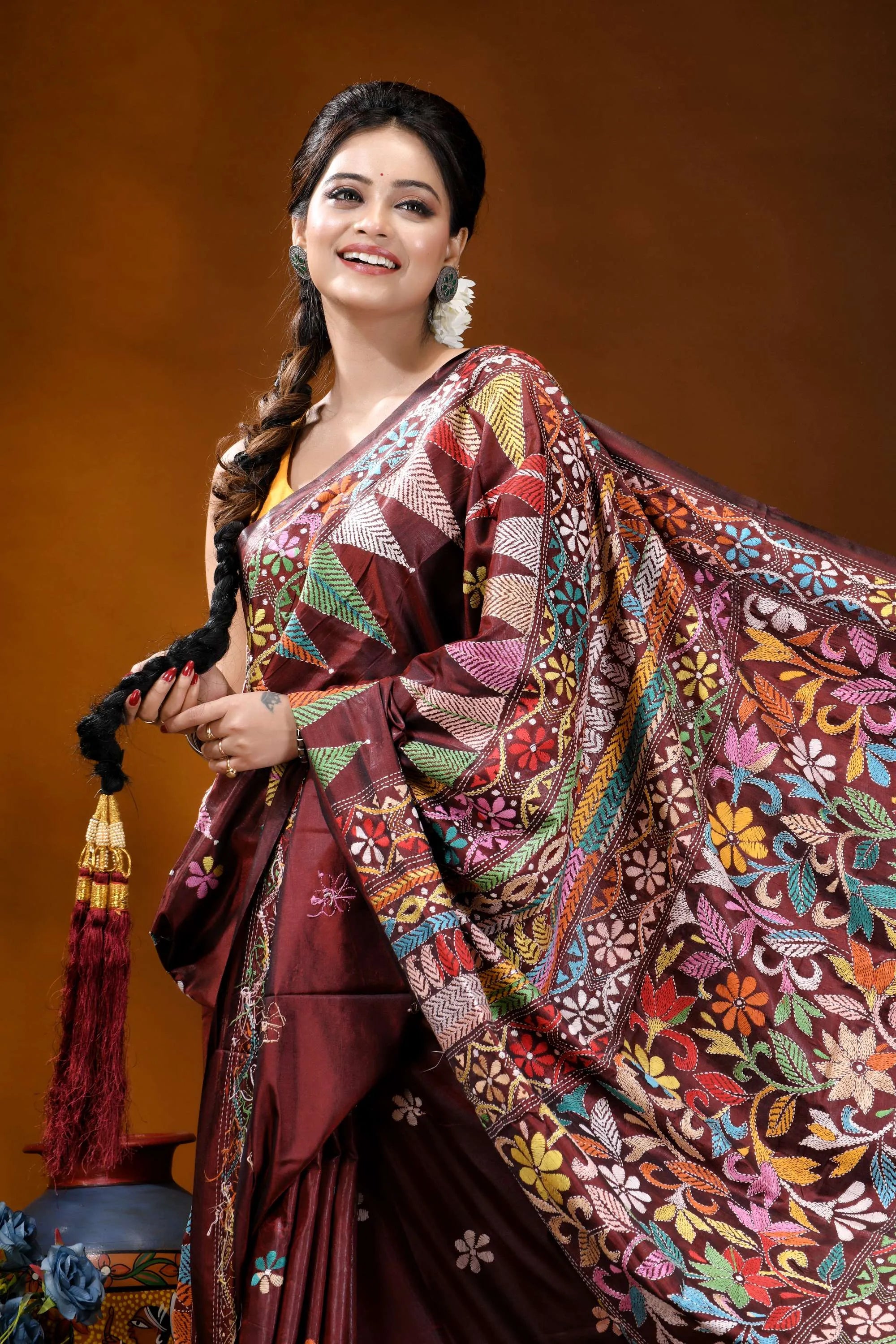 Handcrafted wine silk kantha saree featuring multi-thread design maroon silk saree intricate multicolored 2