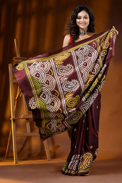 Handcrafted wine silk kutch embroidery saree with multicolor paisley motif 4