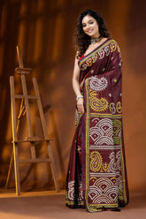 Handcrafted wine silk kutch embroidery saree with multicolor paisley motif 3