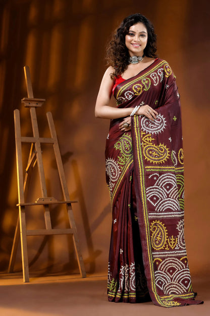 Handcrafted wine silk kutch embroidery saree with multicolor paisley motif 6