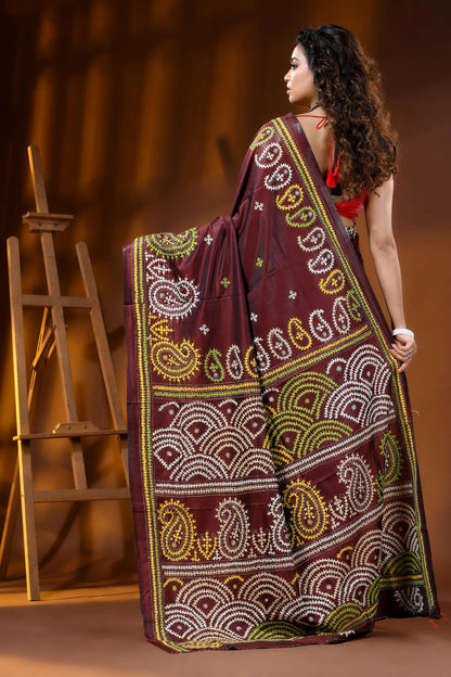Handcrafted wine silk kutch embroidery saree with multicolor paisley motif 5