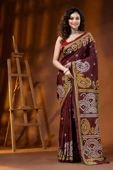 Handcrafted wine silk kutch embroidery saree with multicolor paisley motif 1