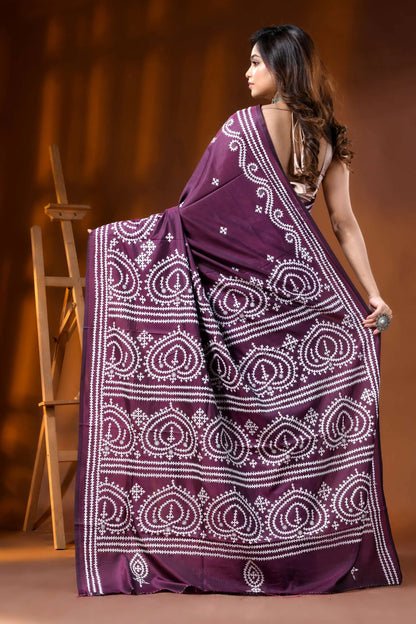 Handcrafted wine silk kutch work saree with paisley motif design 5