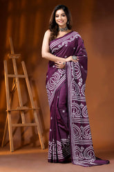Handcrafted wine silk kutch work saree with paisley motif design 6