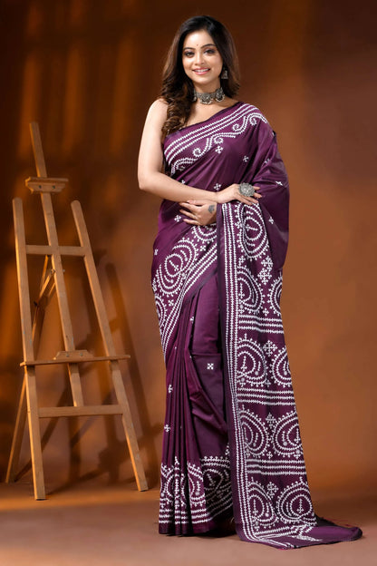Handcrafted wine silk kutch work saree with paisley motif design 6
