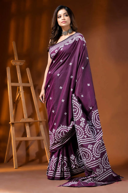 Handcrafted wine silk kutch work saree with paisley motif design 4