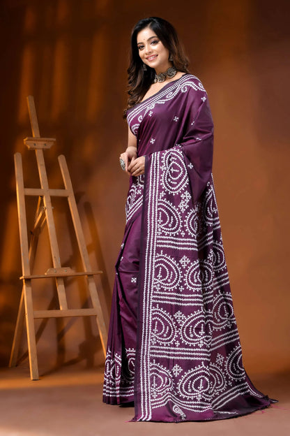 Handcrafted wine silk kutch work saree with paisley motif design 3