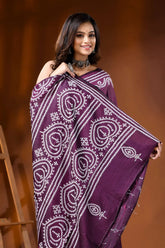 Handcrafted wine silk kutch work saree with paisley motif design 2