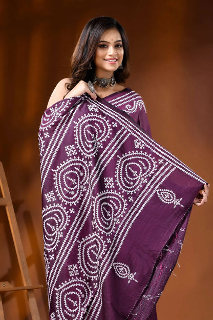 Handcrafted wine silk kutch work saree with paisley motif design 2