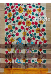 Handcrafted zari border pure tussar kalamkari sari with radha krishna design hand-painted floral figurative fabric 6