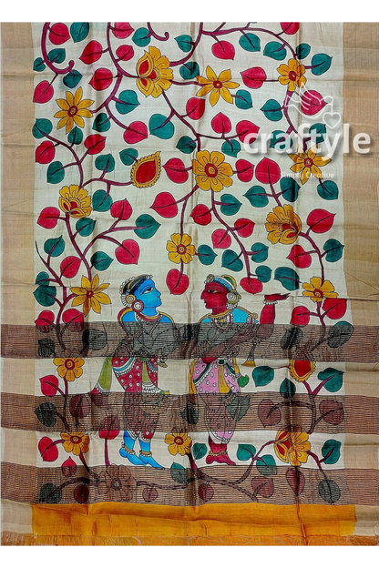 Handcrafted zari border pure tussar kalamkari sari with radha krishna design hand-painted floral figurative fabric 6