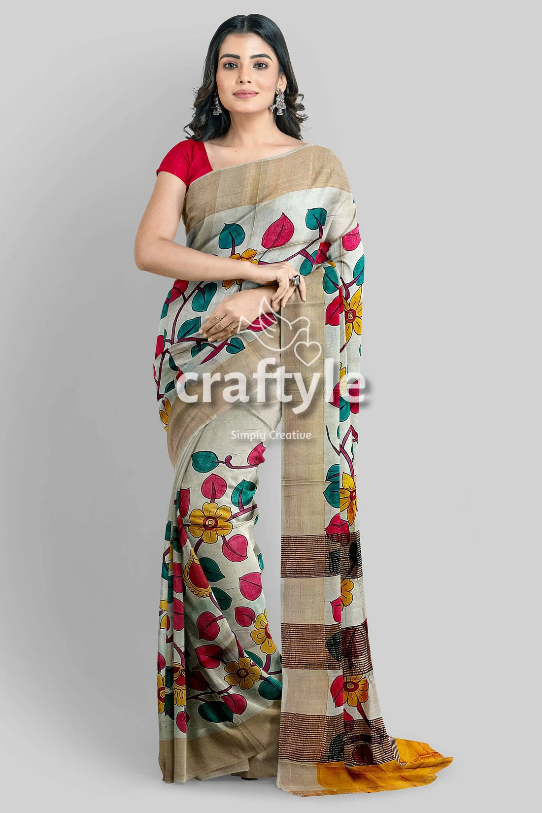Handcrafted zari border pure tussar kalamkari sari with radha krishna design woman floral saree 1