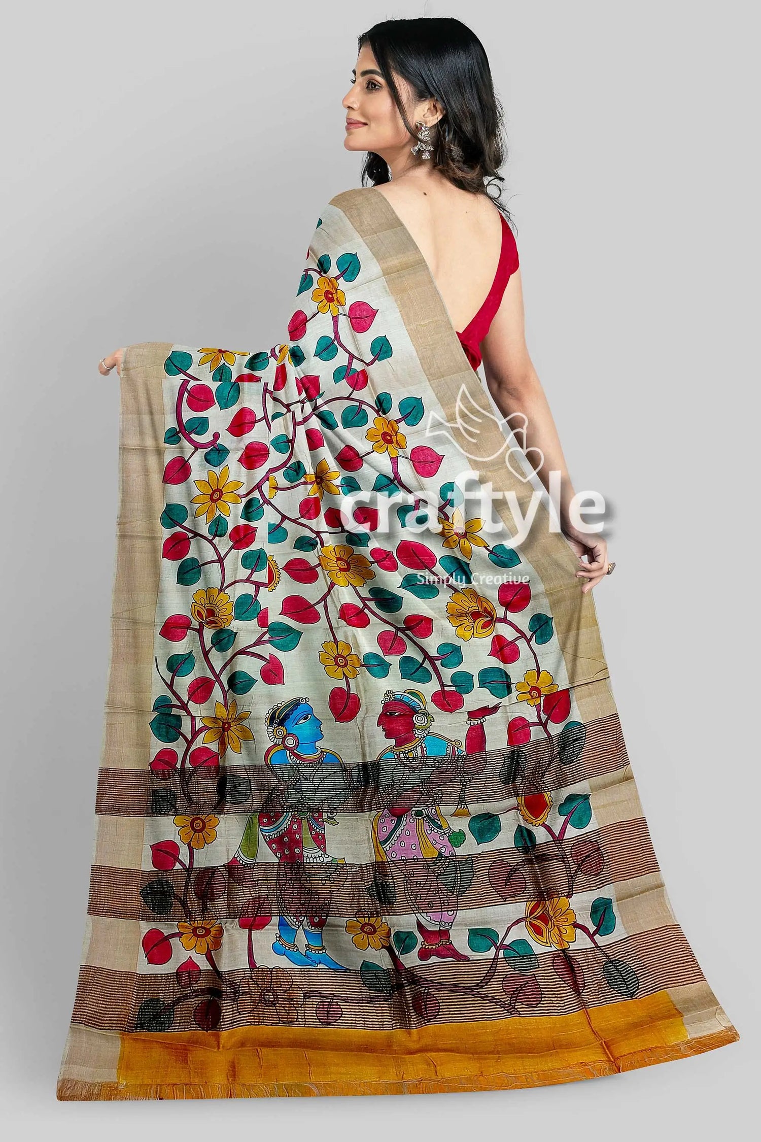 Handcrafted zari border pure tussar kalamkari sari with radha krishna design woman floral figure-painted saree 5