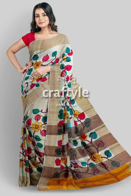 Handcrafted zari border pure tussar kalamkari sari with radha krishna design floral-patterned saree brown border 4