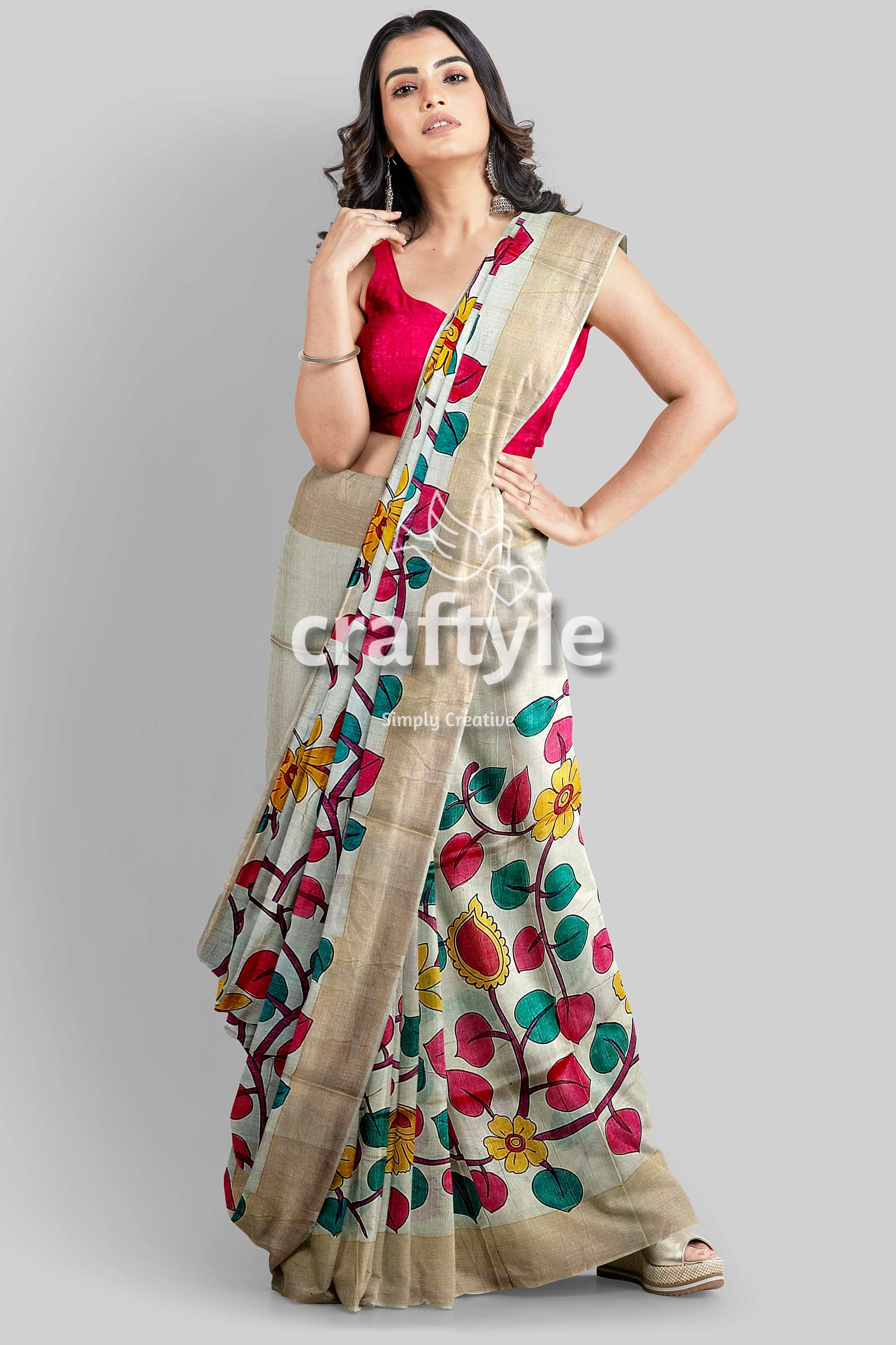 Handcrafted Zari Border Pure Tussar Kalamkari Sari with Radha Krishna Design - Craftyle
