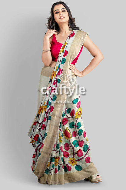 Handcrafted Zari Border Pure Tussar Kalamkari Sari with Radha Krishna Design - Craftyle