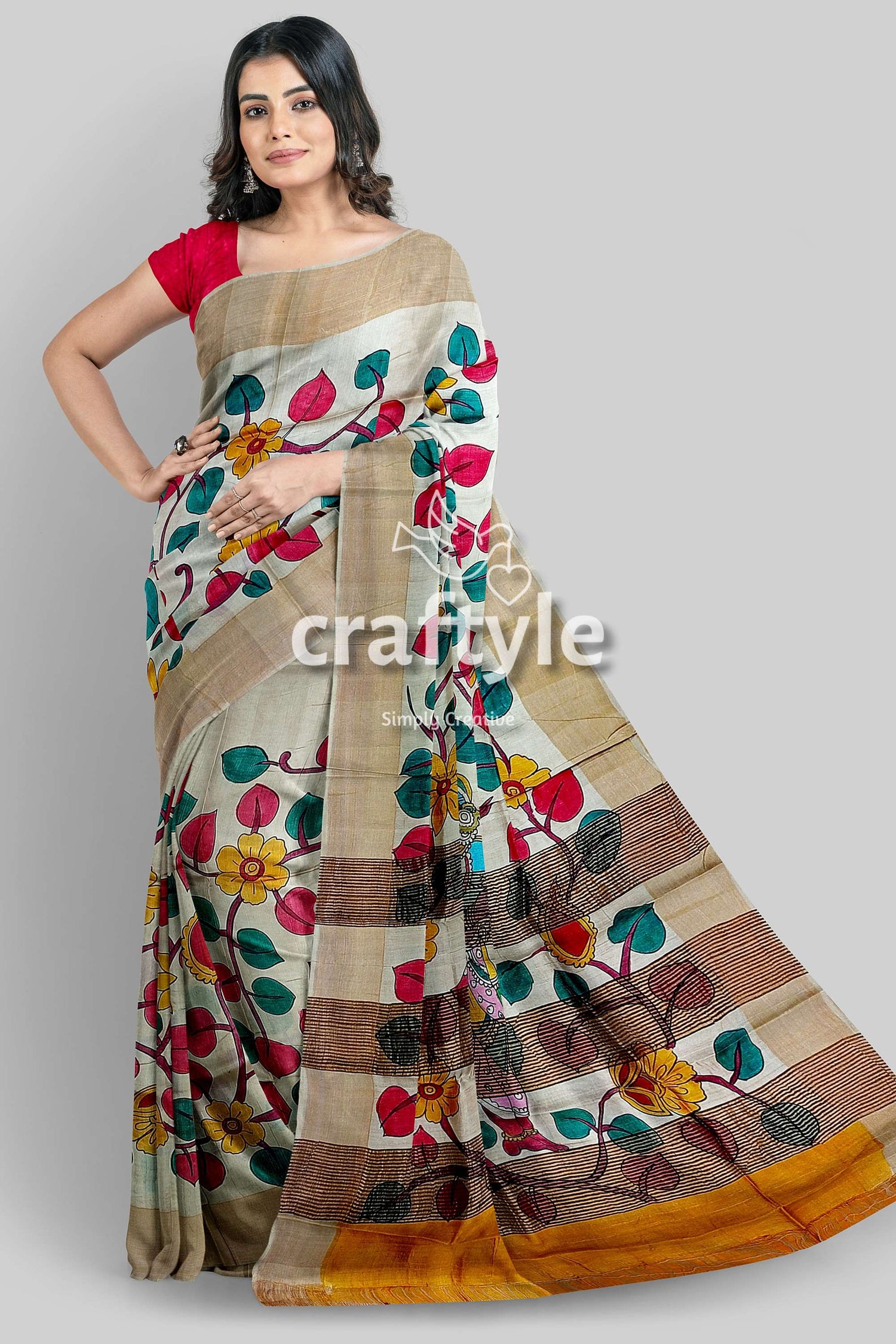 Handcrafted Zari Border Pure Tussar Kalamkari Sari with Radha Krishna Design - Craftyle