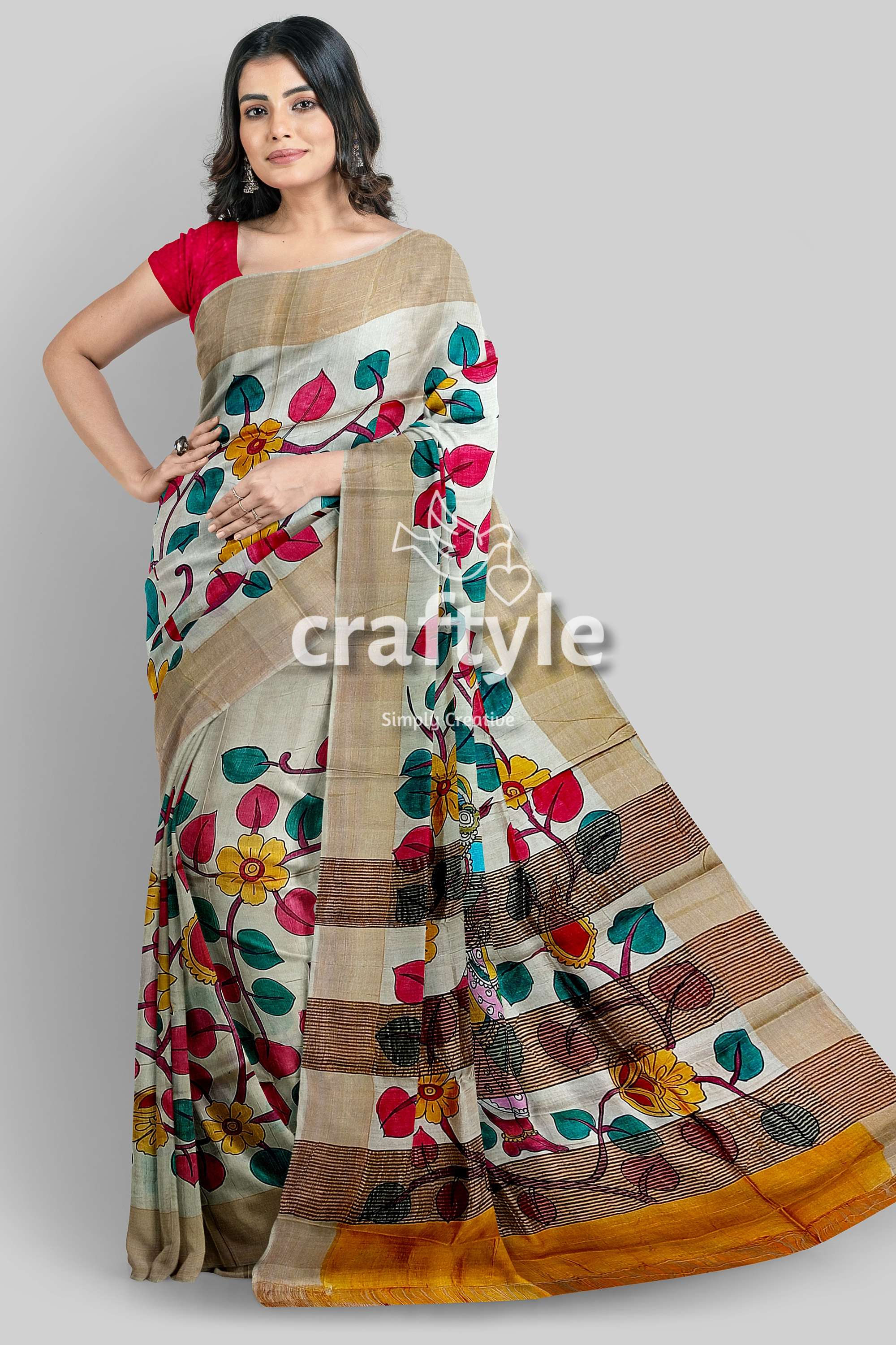 Handcrafted Zari Border Pure Tussar Kalamkari Sari with Radha Krishna Design - Craftyle