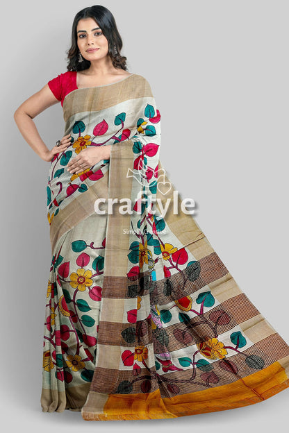 Handcrafted Zari Border Pure Tussar Kalamkari Sari with Radha Krishna Design - Craftyle