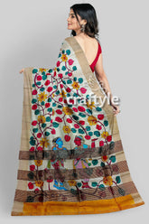 Handcrafted Zari Border Pure Tussar Kalamkari Sari with Radha Krishna Design - Craftyle