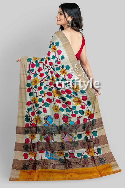 Handcrafted Zari Border Pure Tussar Kalamkari Sari with Radha Krishna Design - Craftyle