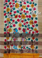 Handcrafted Zari Border Pure Tussar Kalamkari Sari with Radha Krishna Design - Craftyle