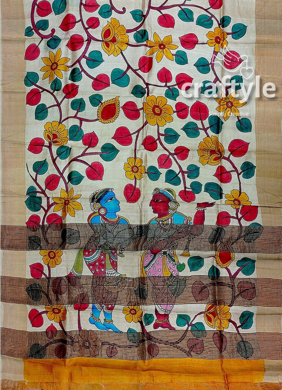 Handcrafted Zari Border Pure Tussar Kalamkari Sari with Radha Krishna Design - Craftyle