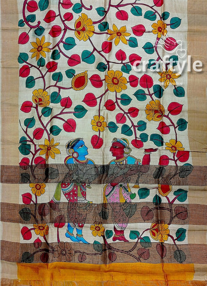 Handcrafted Zari Border Pure Tussar Kalamkari Sari with Radha Krishna Design - Craftyle