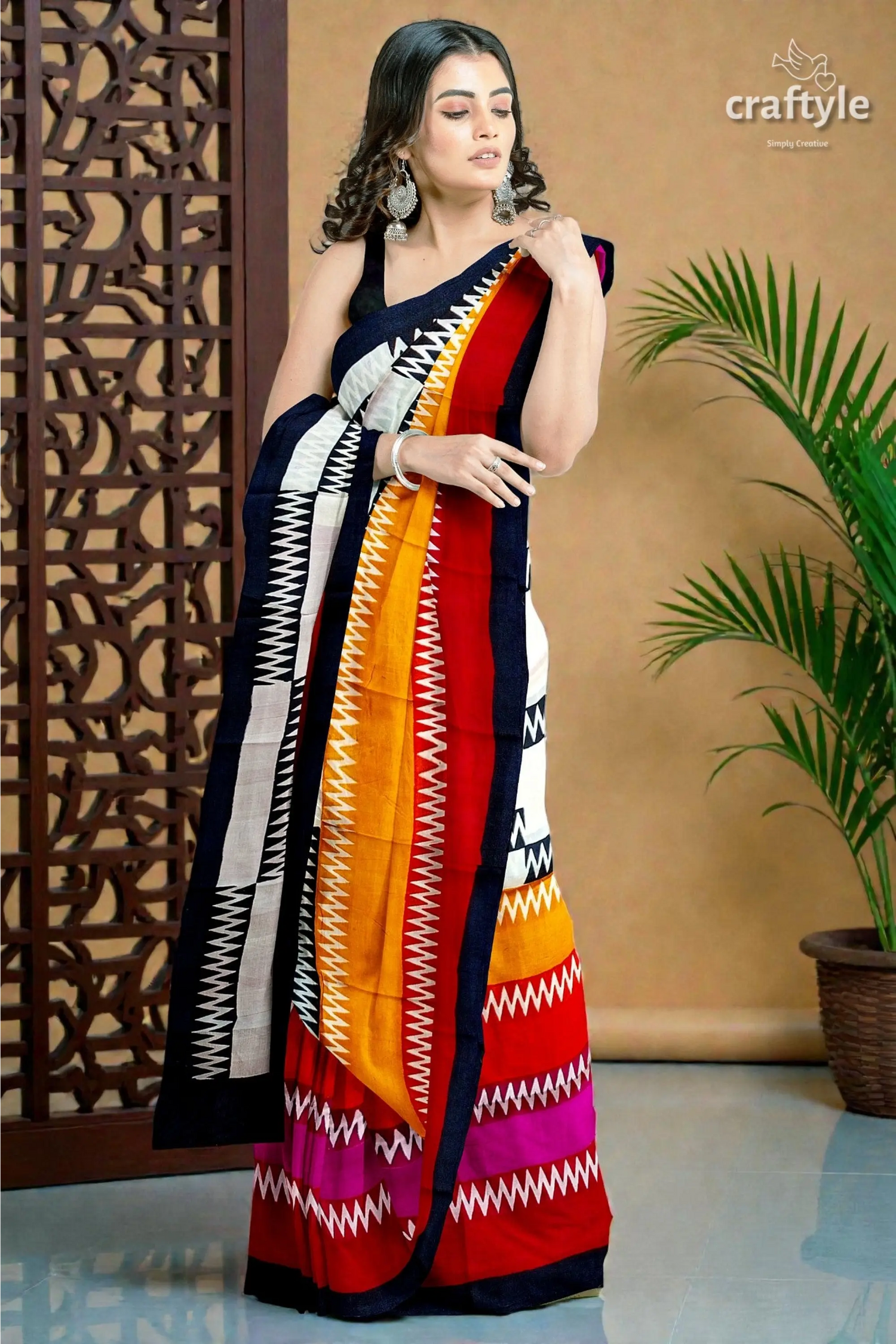 Handcrafted zigzag pure mulberry silk saree with vibrant multicolor block print 4