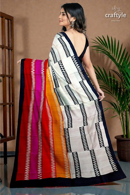 Handcrafted zigzag pure mulberry silk saree with vibrant multicolor block print 5