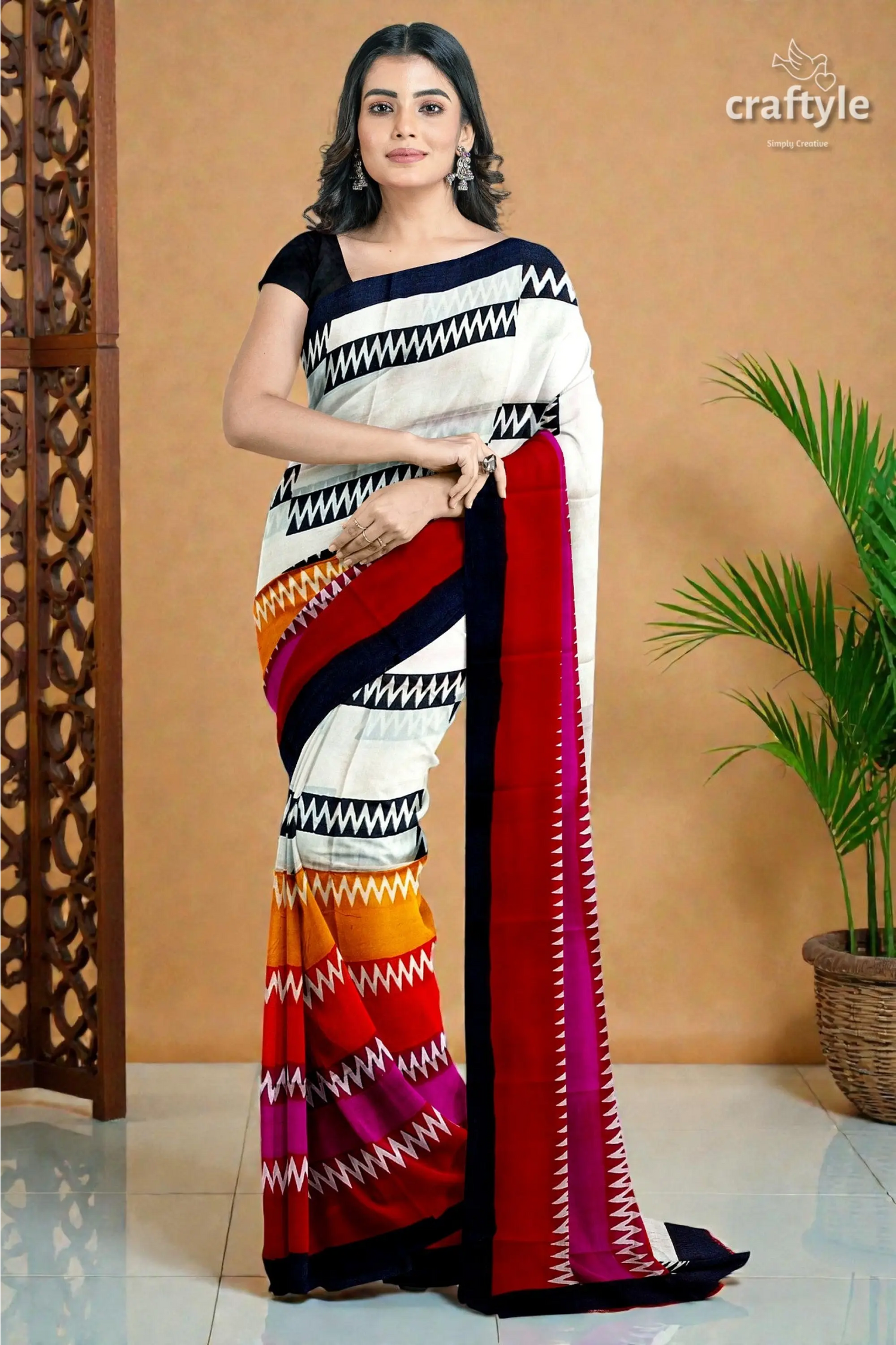 Handcrafted zigzag pure mulberry silk saree with vibrant multicolor block print 1