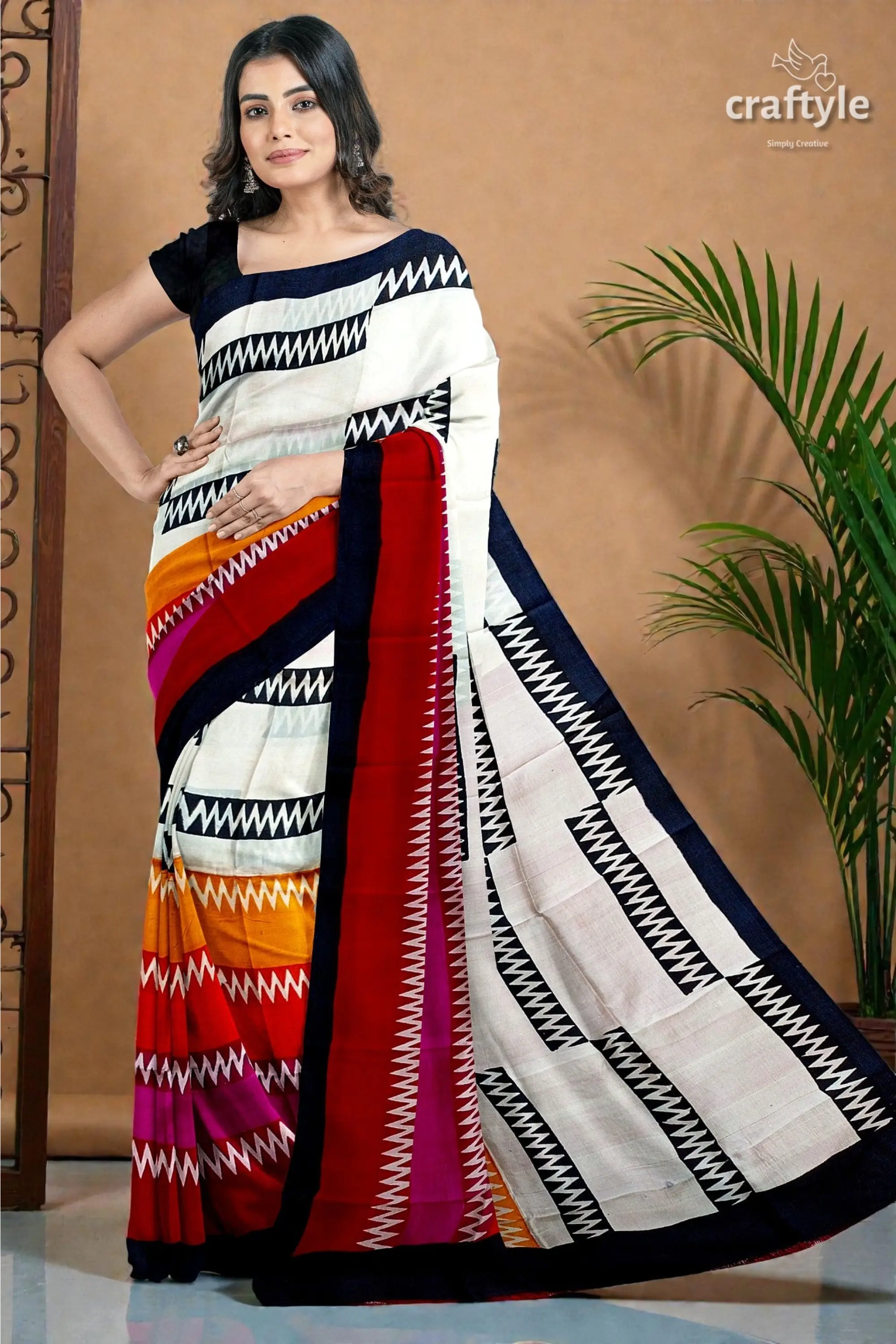 Handcrafted zigzag pure mulberry silk saree with vibrant multicolor block print 2