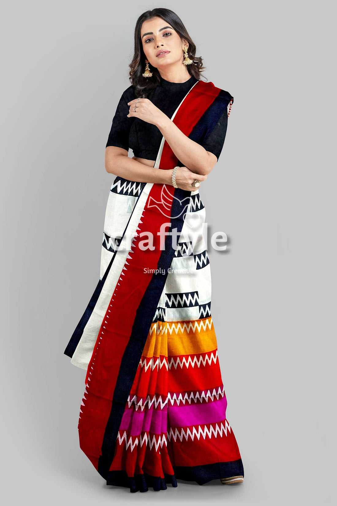 Handcrafted Zigzag Pure Mulberry Silk Saree with Vibrant Multicolor Block Print - Craftyle