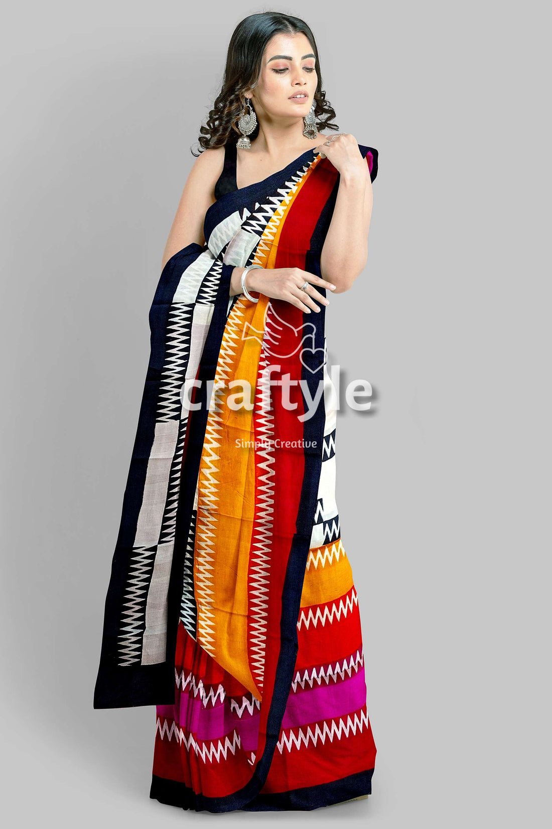 Handcrafted Zigzag Pure Mulberry Silk Saree with Vibrant Multicolor Block Print - Craftyle