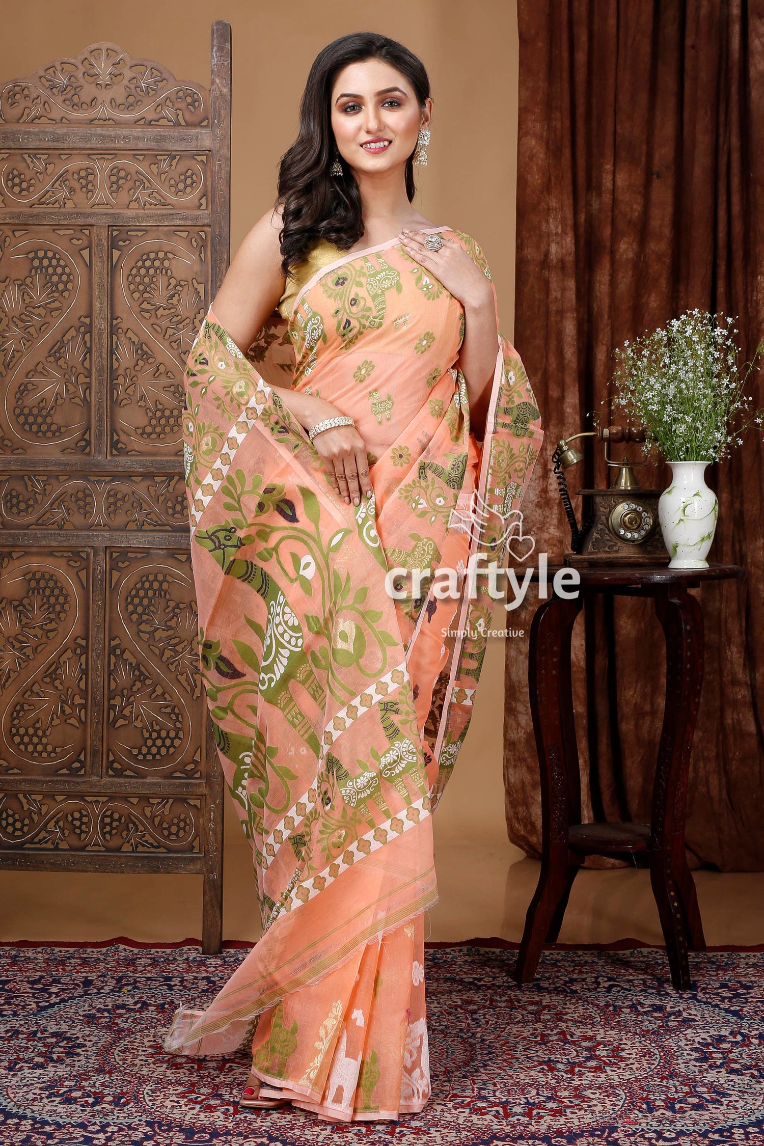 Handloom Peach Green Jamdani Sari - Traditional Indian Sari for Women - Craftyle