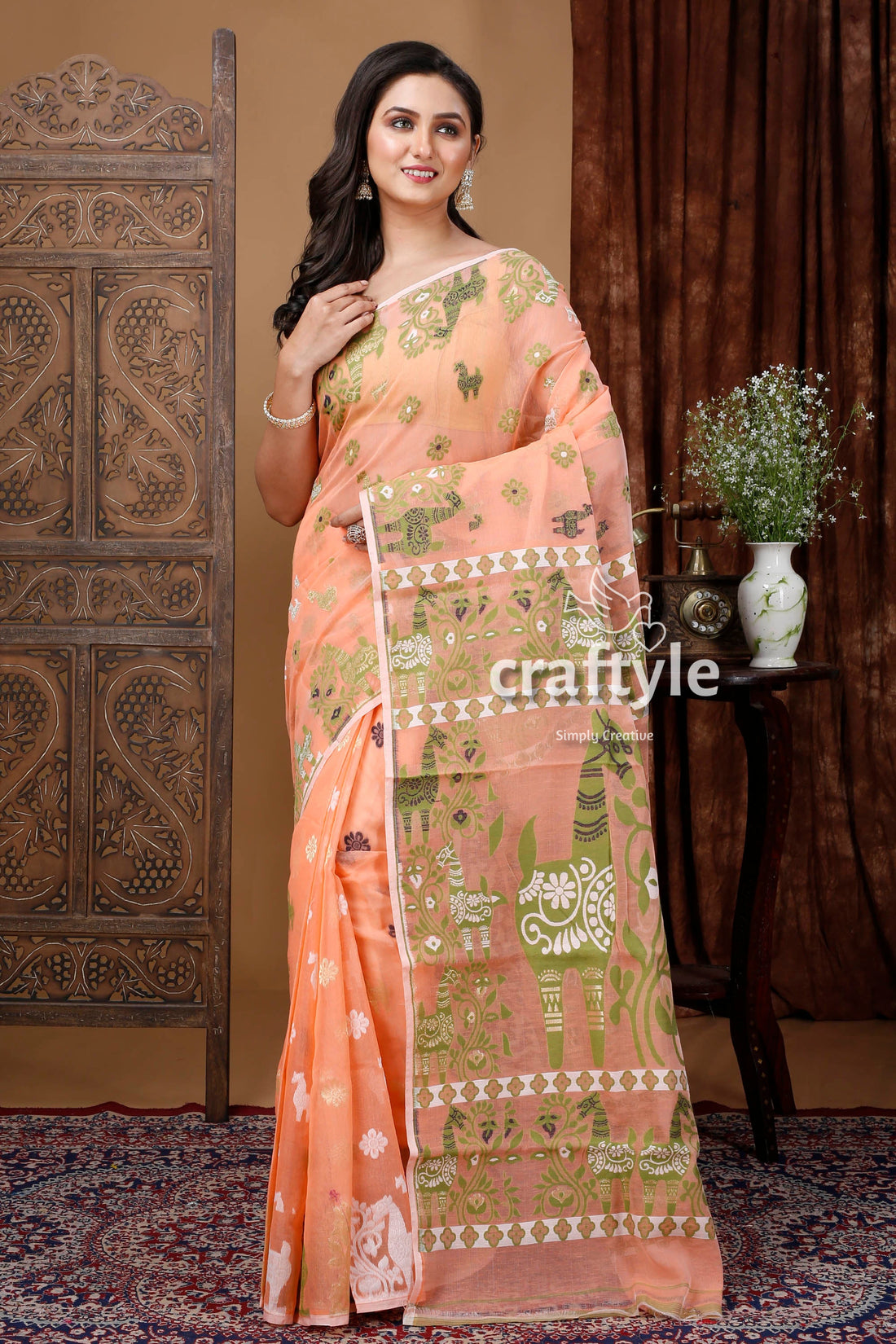 Handloom Peach Green Jamdani Sari - Traditional Indian Sari for Women - Craftyle