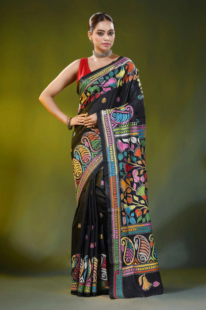 Handmade black silk kantha saree with colorful paisley flower design 1