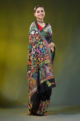 Handmade black silk kantha saree with colorful paisley flower design 4