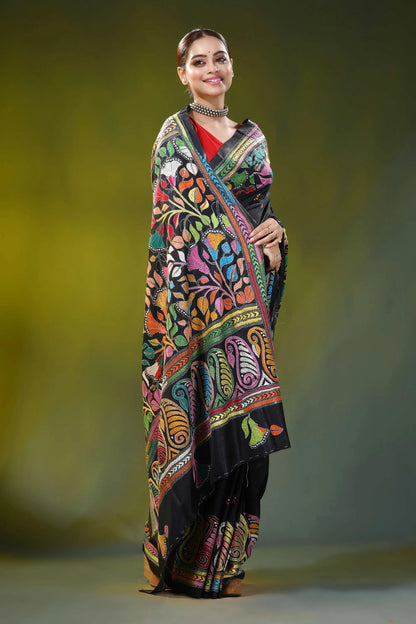 Handmade black silk kantha saree with colorful paisley flower design 4