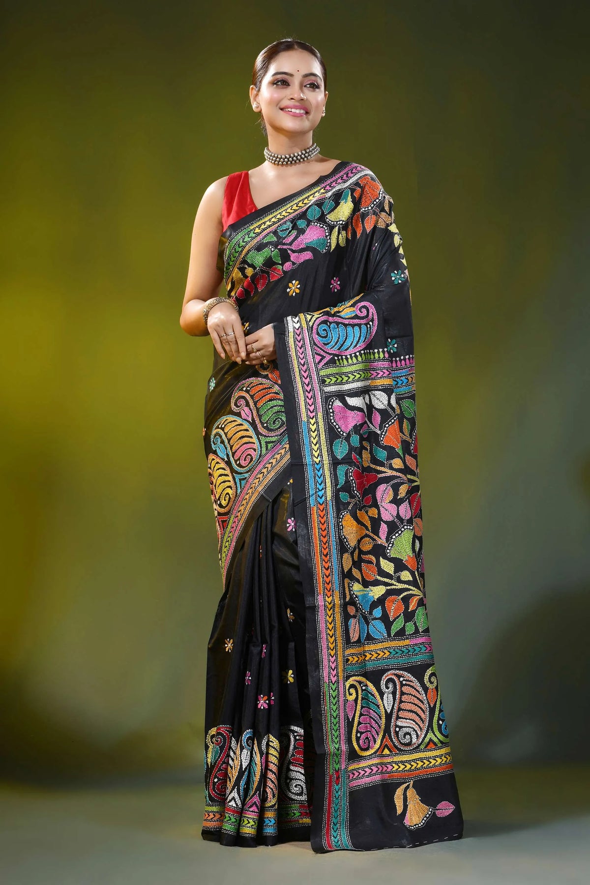 Handmade black silk kantha saree with colorful paisley flower design 7