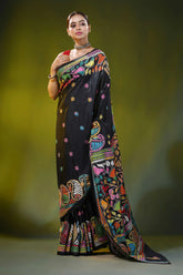 Handmade black silk kantha saree with colorful paisley flower design 6