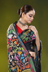 Handmade black silk kantha saree with colorful paisley flower design 2
