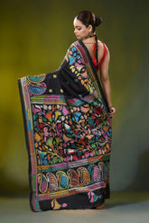 Handmade black silk kantha saree with colorful paisley flower design 5