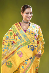 Handmade bright yellow silk kantha stitch saree - hibiscus floral motif 2