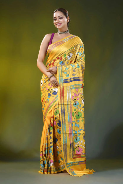 Handmade bright yellow silk kantha stitch saree - hibiscus floral motif 1