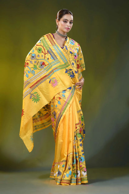 Handmade bright yellow silk kantha stitch saree - hibiscus floral motif 5