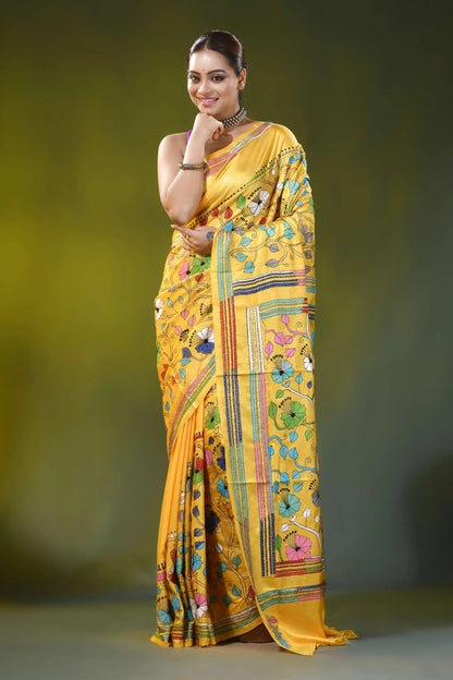 Handmade bright yellow silk kantha stitch saree - hibiscus floral motif 6