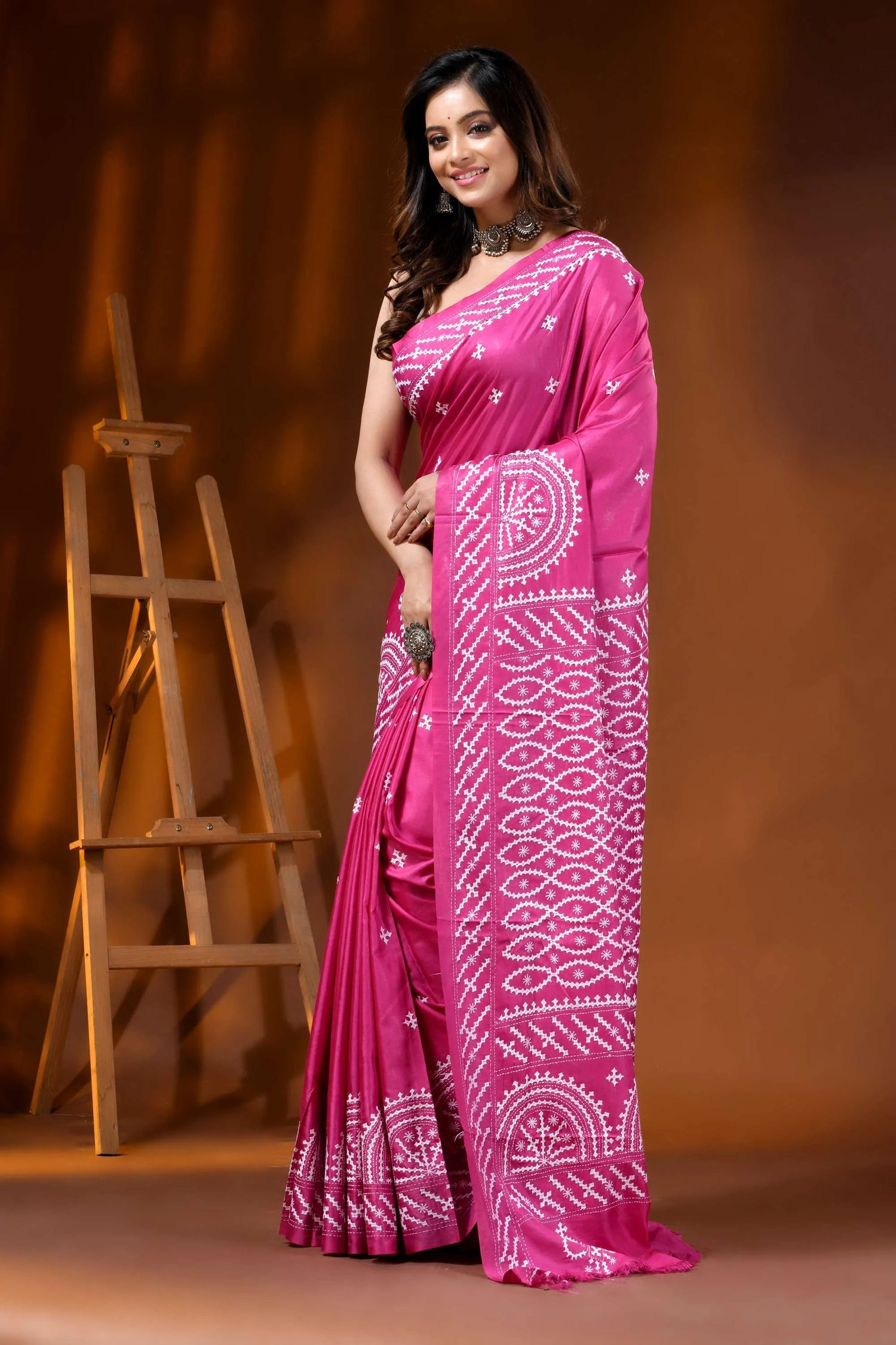 Handmade cerise pink kutch work saree in silk with geometric motifs 3