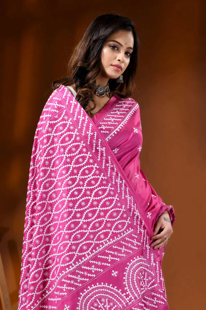Handmade cerise pink kutch work saree in silk with geometric motifs 2