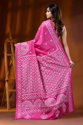 Handmade cerise pink kutch work saree in silk with geometric motifs 5